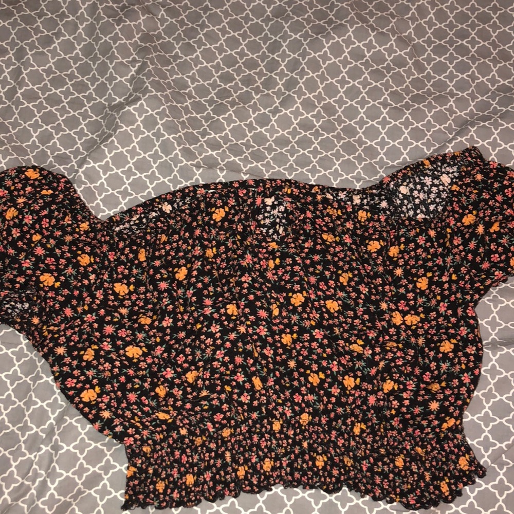 off the shoulder black with orange and pink flower